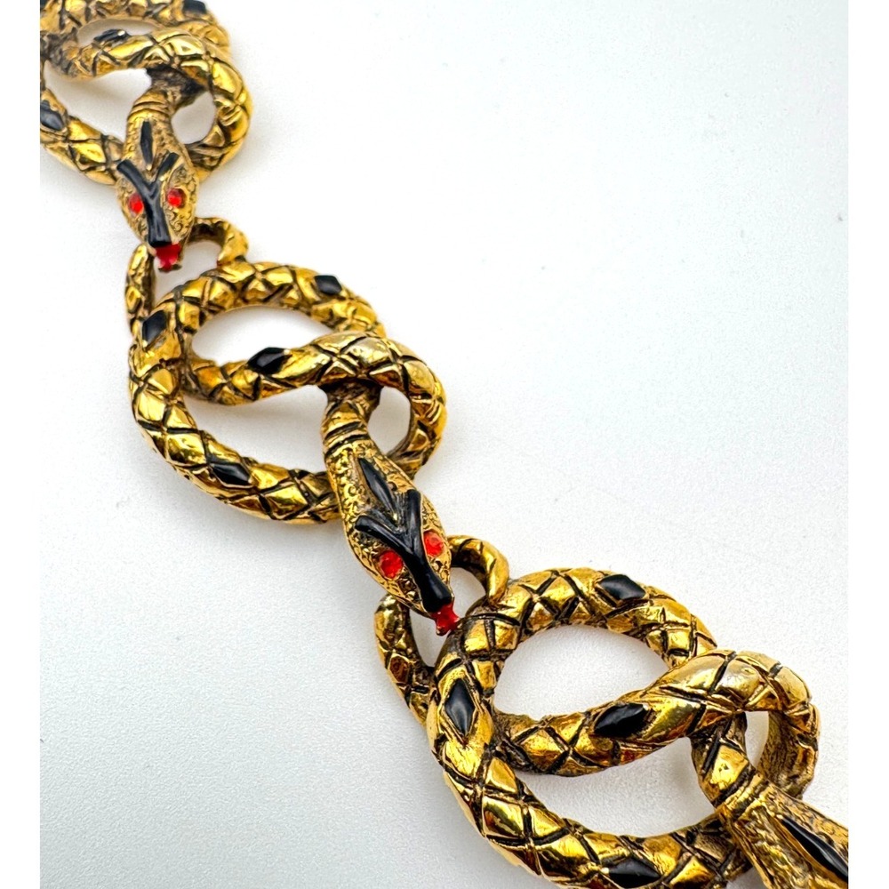 Vintage ART Snake Bracelet Black Enamel Multi Link  Red Rhinestone Eye